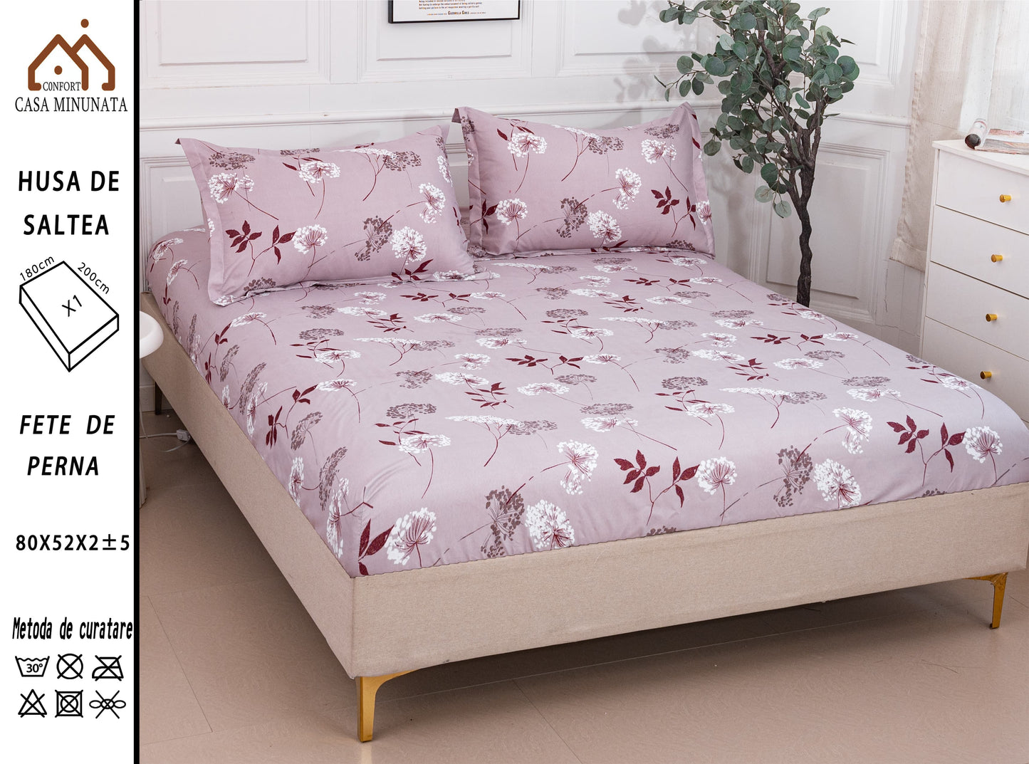 Husa de pat cu elastic, bumbac satinat, cu 2 fete de perna