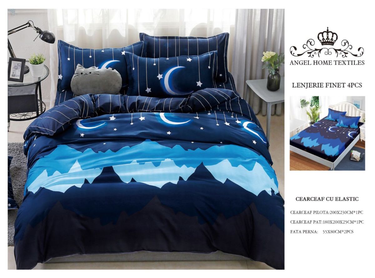 Lenjerie Pat cu Elastic, din Bumbac tip Finet, 180x200 cm, pentru Pat Dublu, 4 Piese, cu 2 Fete de Perna 55x80cm Incluse