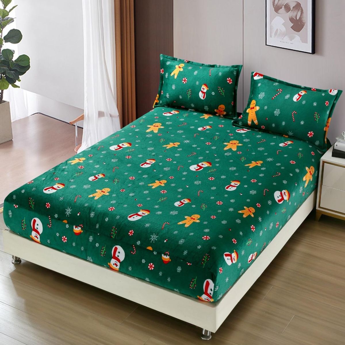 Husa Craciun , Verde, Material Cocolino Premium, Set 3 Piese, pentru Pat Dublu, 180x200cm, cu 2 Fete de Perna