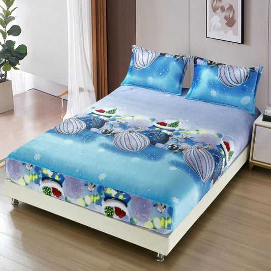 Husa Craciun , Albastru, Material Cocolino Premium, Set 3 Piese, pentru Pat Dublu, 180x200cm, cu 2 Fete de Perna