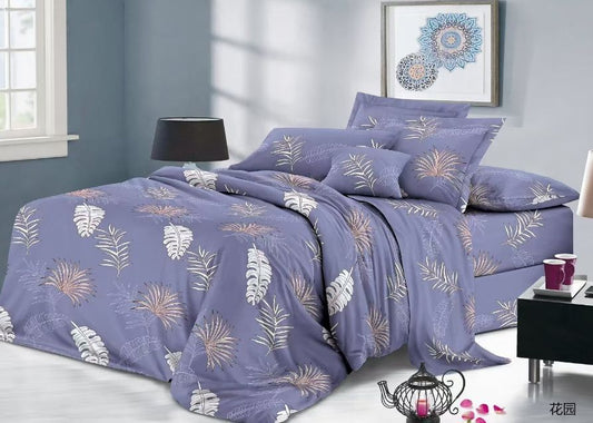 Lenjerie de pat 4 piese din finet – imprimeu frunze tropicale pe fundal mov lavandă