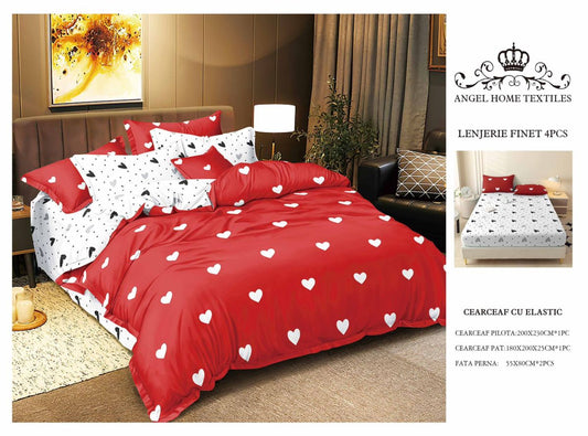 Lenjerie Pat cu Elastic, din Bumbac tip Finet, 180x200 cm, pentru Pat Dublu, 4 Piese, cu 2 Fete de Perna 55x80cm Incluse