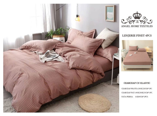 Lenjerie Pat cu Elastic, din Bumbac tip Finet, 180x200 cm, pentru Pat Dublu, 4 Piese, cu 2 Fete de Perna 55x80cm Incluse