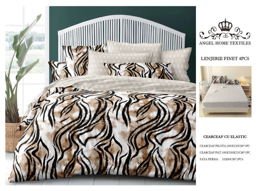 Lenjerie pat cu Elastic, din Bumbac tip Finet, 180x200 cm, pentru Pat Dublu, 4 Piese, cu 2 Fete de Perna 55x80cm Incluse