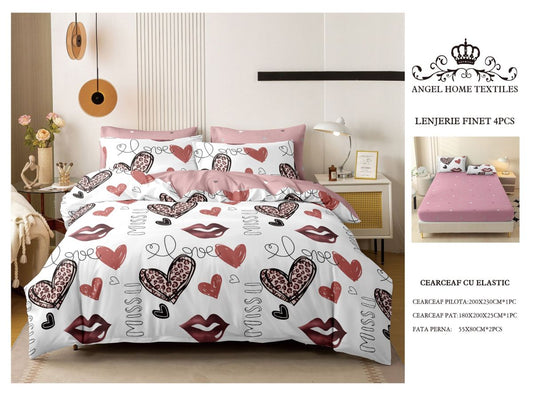 Lenjerie Pat cu Elastic, din Bumbac tip Finet, 180x200 cm, pentru Pat Dublu, 4 Piese, cu 2 Fete de Perna 55x80cm Incluse